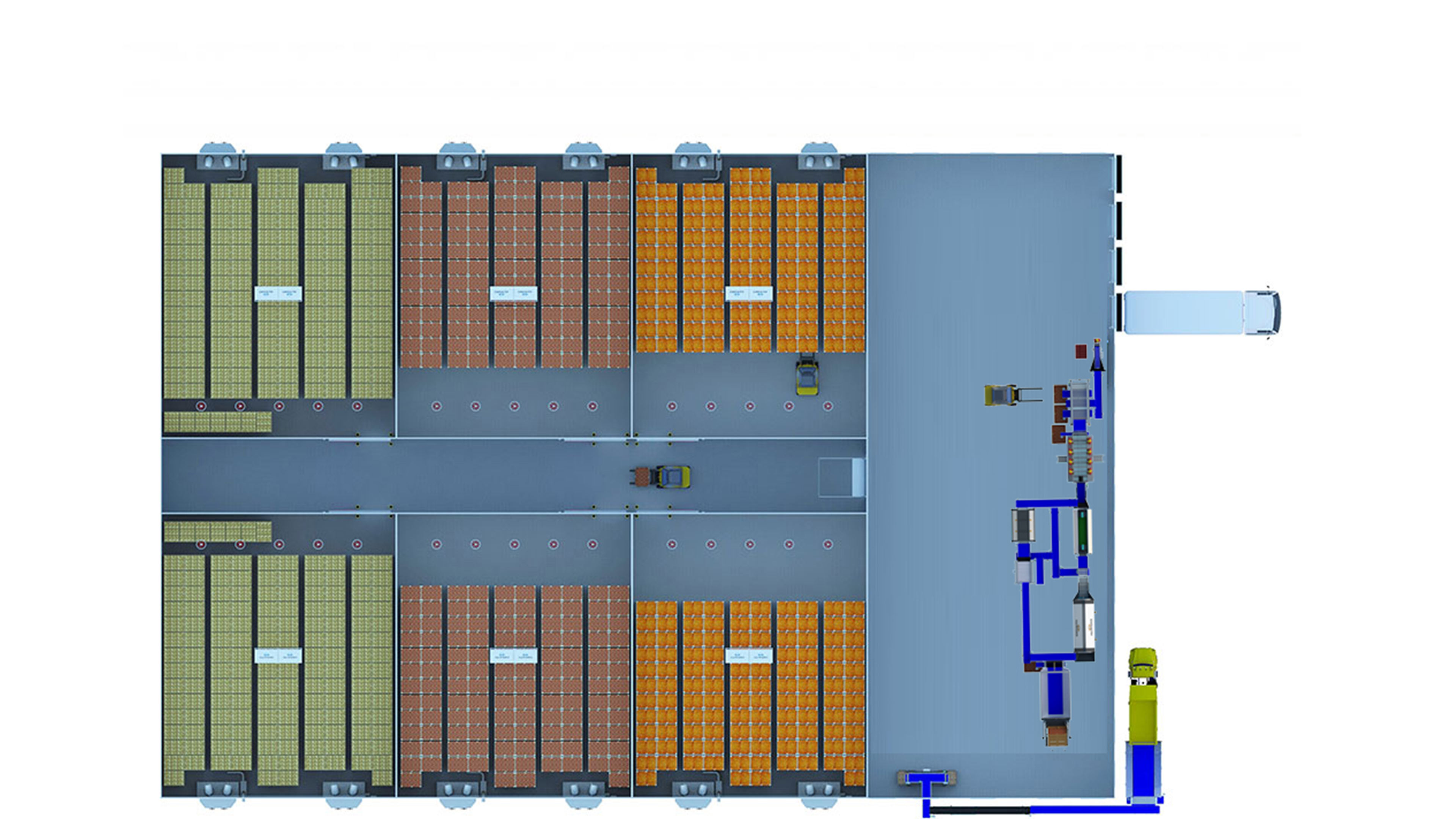 distribution centre topview with storage and processing line