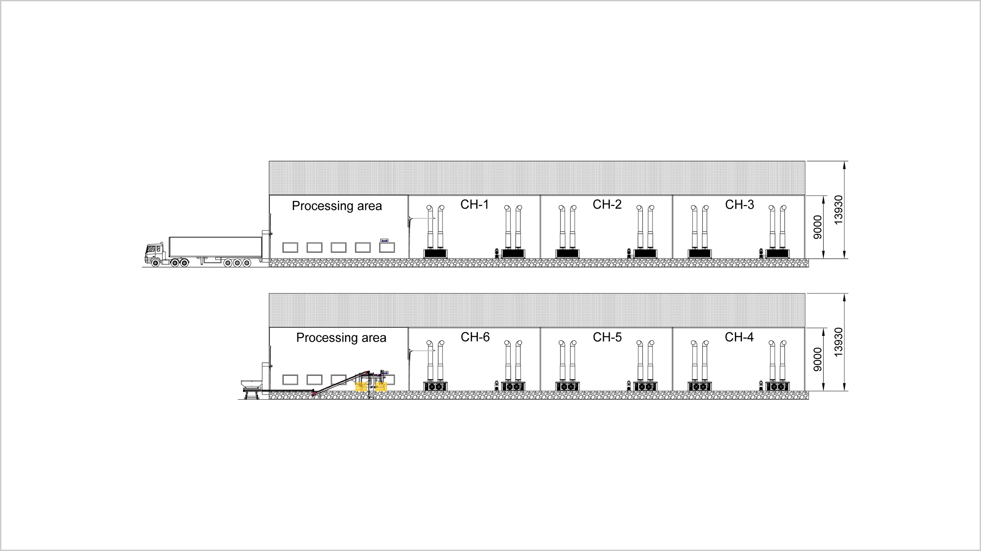 side view of a distribution centre for vegetables